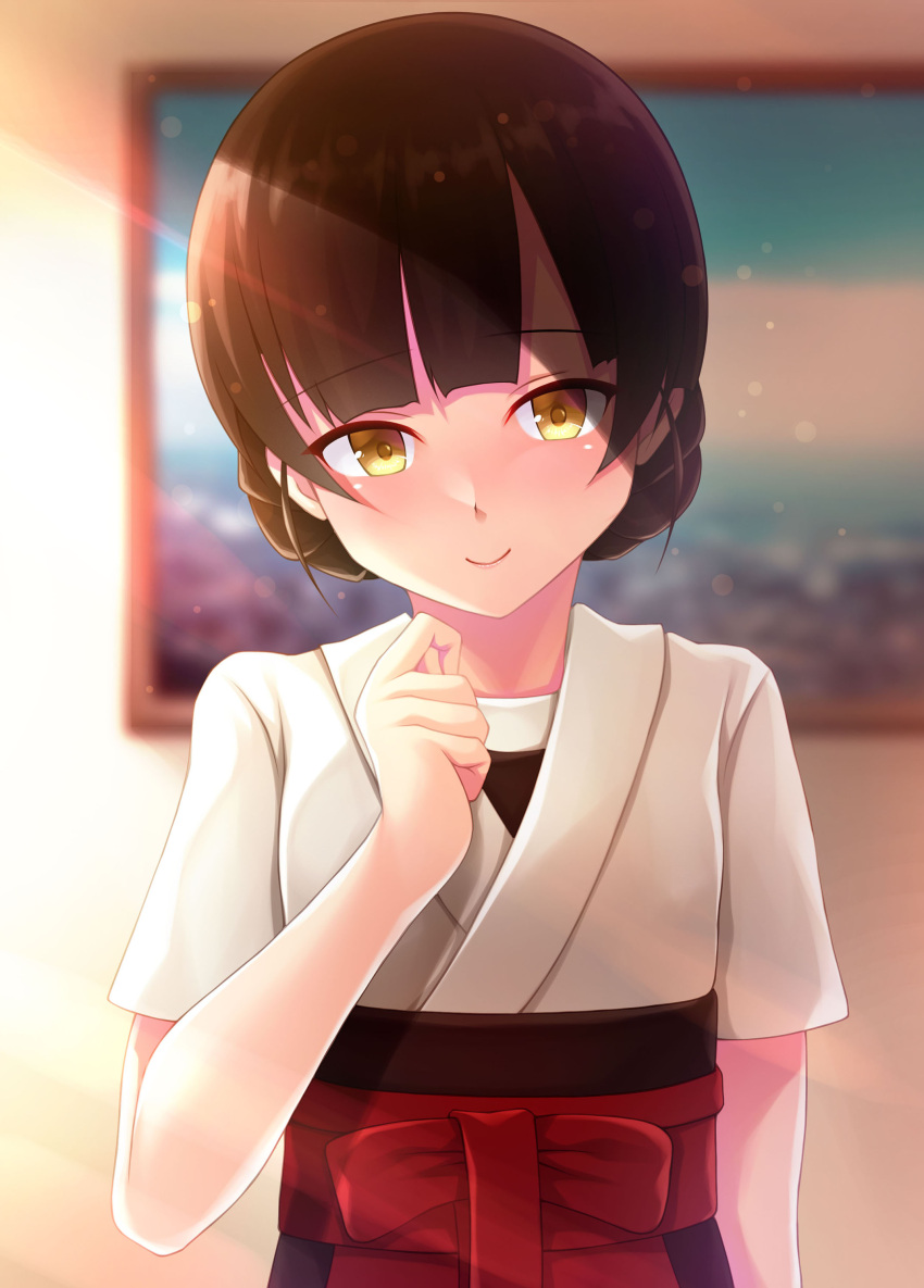 1girl absurdres black_hair blurry blurry_background blush closed_mouth dougi eyebrows_visible_through_hair hakama highres japanese_clothes kantai_collection looking_at_viewer picture_(object) red_hakama ruin_re_birth short_hair short_sleeves smile solo un'you_(kancolle) upper_body yawata_maru_(kancolle) yellow_eyes