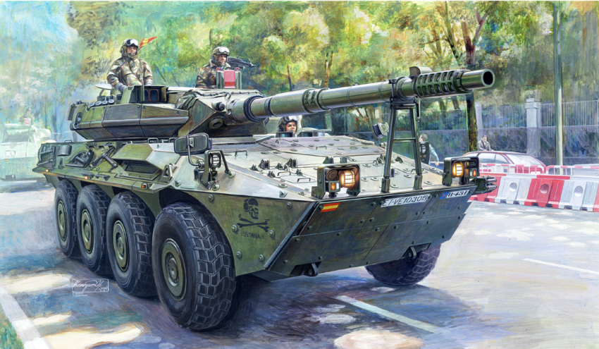 6+boys armored_vehicle b1_centauro box_art camouflage cannon car city commentary_request goggles goggles_on_headwear ground_vehicle gun hat helmet koizumi_kazuaki_production long_sleeves looking_to_the_side machine_gun military military_uniform military_vehicle motor_vehicle multiple_boys real_life road signature street tire tree uniform vehicle_focus weapon wheel