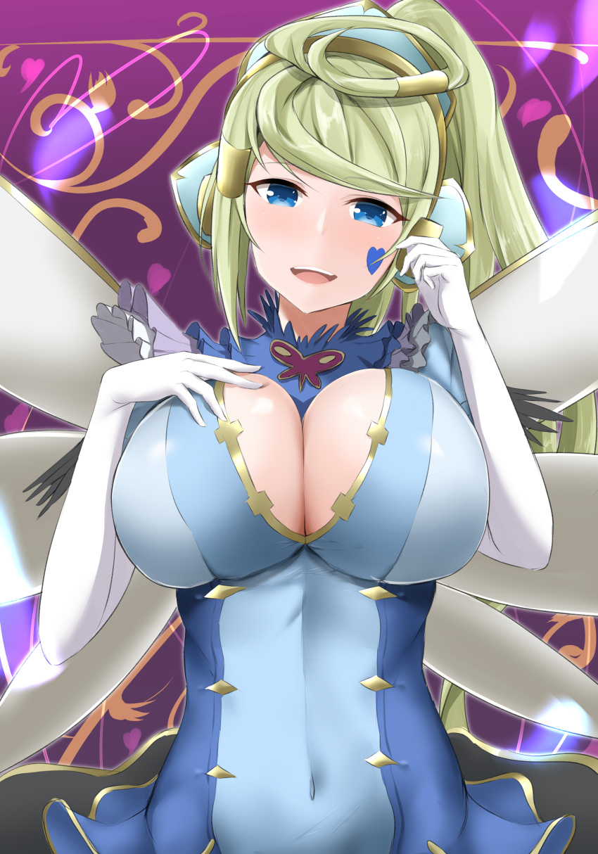 1girl blonde_hair blue_dress blue_eyes breasts cleavage cleavage_cutout cokekiri dress duel_monster elbow_gloves facial_mark gloves hair_ornament heart highres long_hair looking_at_viewer puffy_short_sleeves puffy_sleeves short_sleeves smile solo trickstar_holy_angel upper_body very_long_hair white_gloves wings yu-gi-oh! yu-gi-oh!_vrains yuu-gi-ou yuu-gi-ou_vrains