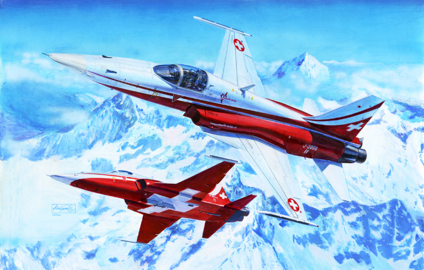 1other aircraft airplane blue_sky box_art canopy_(aircraft) clouds commentary_request f-5e_tiger_ii fighter_jet flying gun jet koizumi_kazuaki_production looking_to_the_side machine_gun military military_vehicle mountain original pilot pilot_helmet pilot_suit signature sky snow vehicle_focus weapon