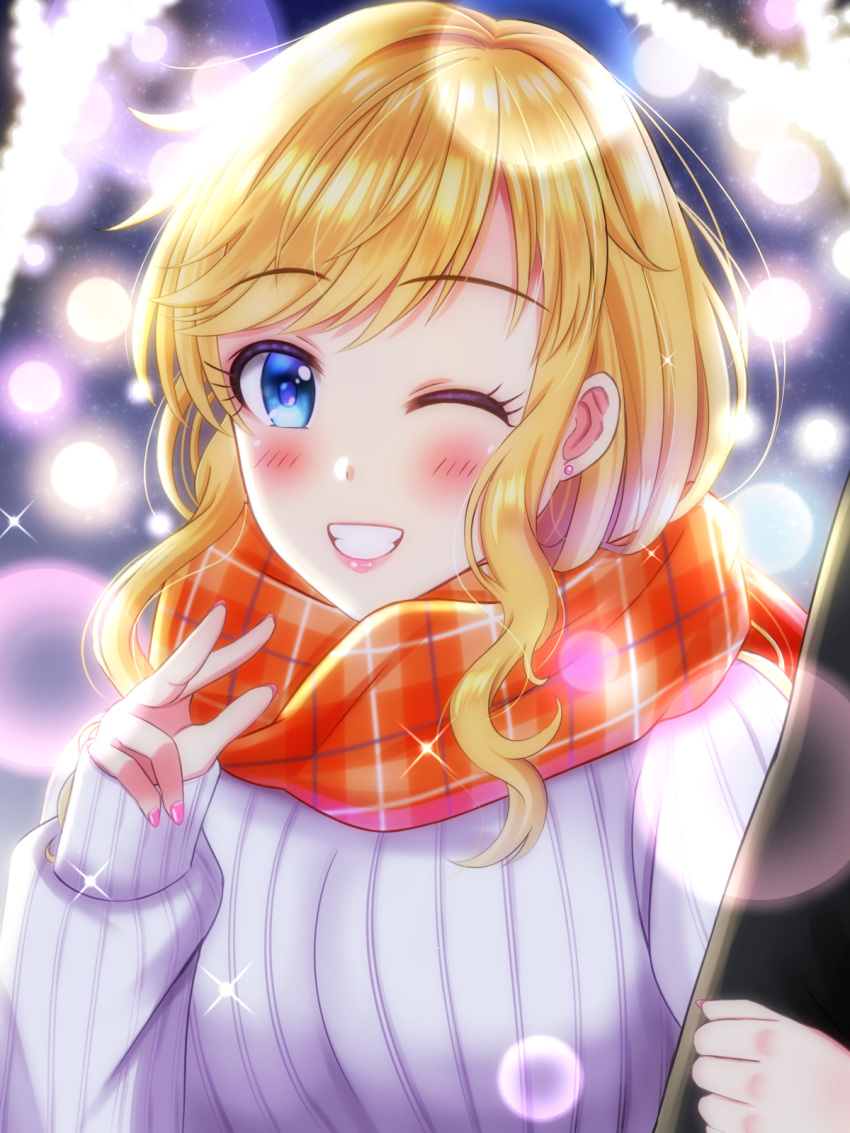 1girl bangs blue_eyes blurry blurry_background blush breasts earrings easyfunkycrazy eyebrows_visible_through_hair grin highres holding idolmaster idolmaster_cinderella_girls jewelry large_breasts long_hair long_sleeves looking_at_viewer ohtsuki_yui one_eye_closed plaid plaid_scarf scarf sleeves_past_wrists smile solo sweater teeth upper_body white_sweater winter_clothes