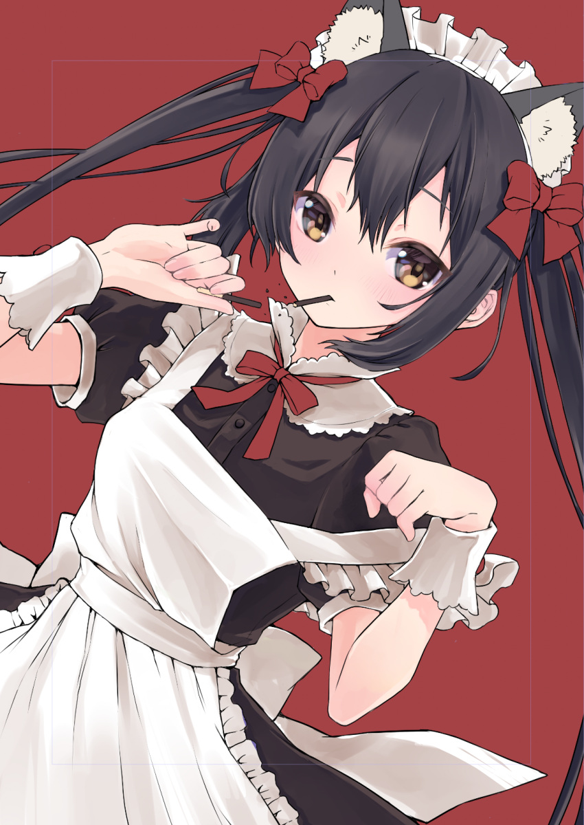 1girl 496mm animal_ear_fluff animal_ears apron bangs black_hair black_shirt black_skirt blush bow brown_eyes cat_ears dress_shirt eating floating_hair food hair_between_eyes hair_bow highres k-on! kemonomimi_mode long_hair looking_at_viewer maid_headdress mouth_hold nakano_azusa neck_ribbon pocky pocky_day red_background red_bow red_ribbon ribbon shirt short_sleeves skirt solo twintails very_long_hair white_apron