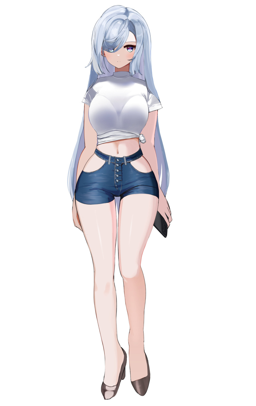 1girl absurdres bangs belly blue_eyes blush breasts casual cellphone genshin_impact hair_between_eyes hair_over_one_eye highres large_breasts long_hair looking_at_viewer navel nicorima phone shenhe_(genshin_impact) shirt shoes shorts smartphone solo t-shirt thighs white_background white_hair white_shirt