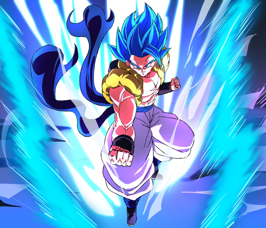 1boy aura blue_eyes blue_hair blue_sash clenched_hands dragon_ball dragon_ball_super dragon_ball_super_broly fighting_stance full_body gogeta highres looking_at_viewer male_focus metamoran_vest muscular muscular_male pants rom_(20) sash smile solo spiky_hair super_saiyan super_saiyan_blue white_pants