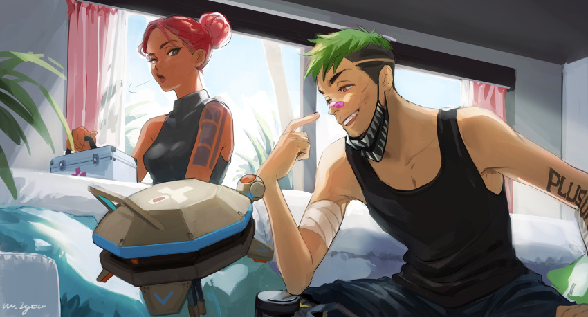 1boy 1girl 2gou absurdres apex_legends bed black_eyes black_tank_top breasts brown_eyes collarbone d.o.c._health_drone double_bun first_aid_kit green_hair grey_sweater highres lifeline_(apex_legends) looking_to_the_side medium_breasts octane_(apex_legends) open_mouth plant pointing pointing_at_self redhead robot sleeveless sleeveless_sweater smile sunlight sweater tank_top window