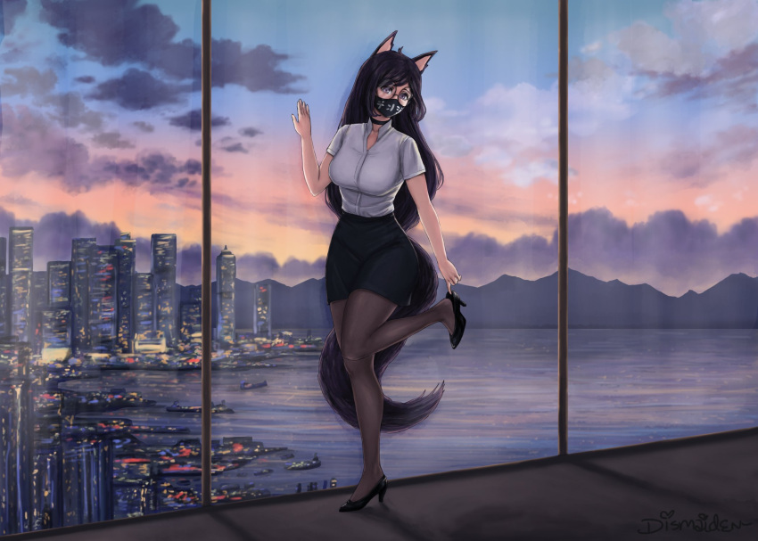 1girl animal_ears black_footwear black_legwear borrowed_character city clouds cloudy_sky commission dismaiden glasses hand_up high_heels highres long_hair mitsuki_(hanns33694210) mountain original pantyhose round_eyewear shadow shirt short_sleeves sky solo standing tail twilight white_shirt wide_shot window wolf_ears wolf_girl wolf_tail