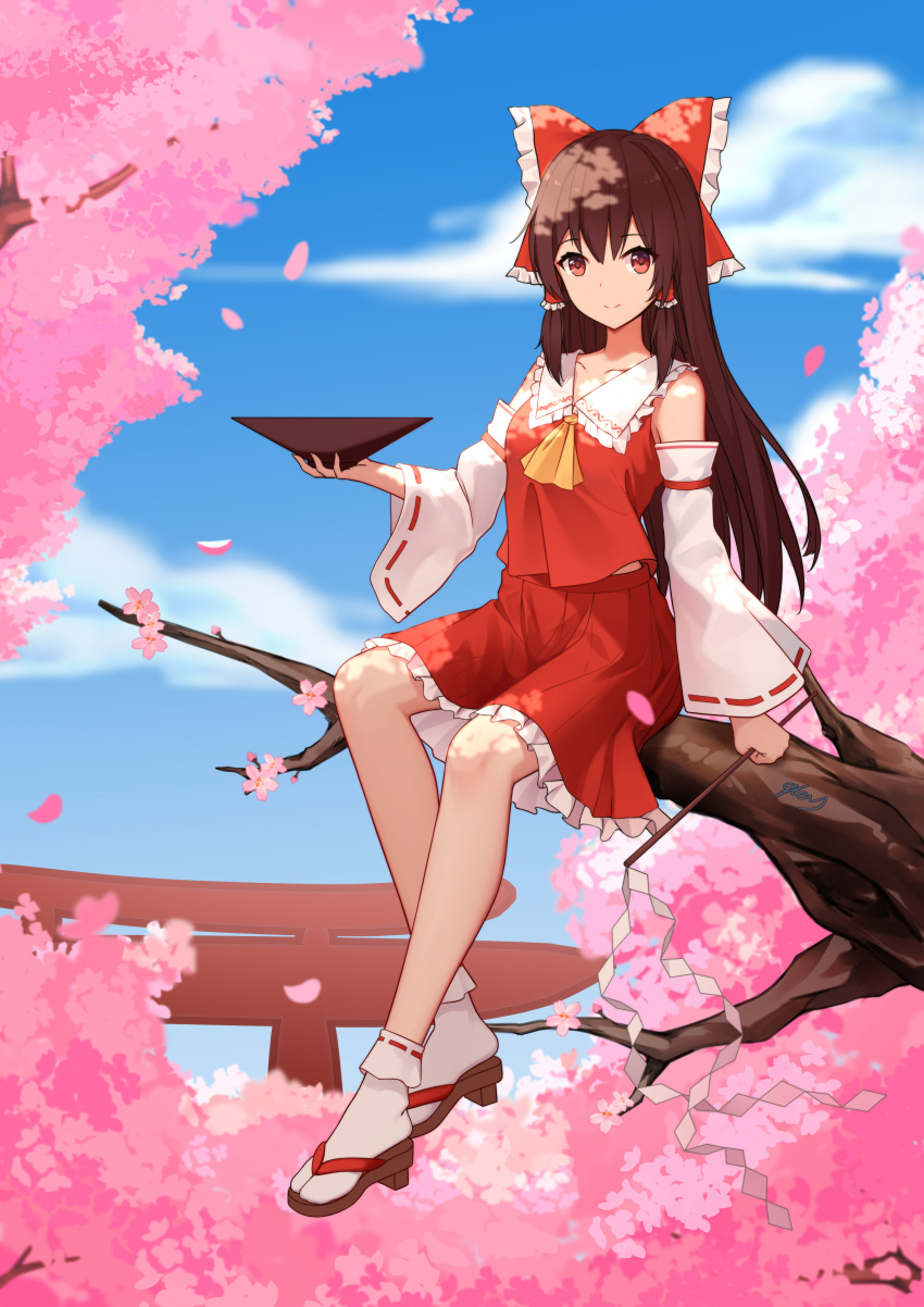 1girl 9key absurdres alcohol ascot bangs bare_shoulders bobby_socks bow brown_hair cherry_blossoms closed_mouth collarbone collared_vest cup detached_sleeves eyebrows_visible_through_hair frilled_bow frilled_skirt frills gohei hair_bow hair_tubes hakurei_reimu highres japanese_clothes long_hair long_sleeves midriff_peek miko nontraditional_miko outdoors red_bow red_eyes red_ribbon red_skirt red_vest ribbon ribbon-trimmed_sleeves ribbon_trim sakazuki sandals sidelocks sitting skirt smile socks touhou vest white_legwear white_sleeves wide_sleeves yellow_ascot