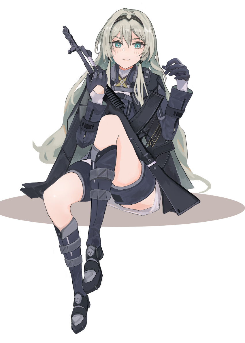 1girl absurdres an-94 an-94_(girls'_frontline) aqua_eyes arm_up assault_rifle bangs black_footwear black_gloves black_hairband blonde_hair blush boots cloak closed_mouth eyebrows_visible_through_hair full_body girls_frontline gloves gun hairband highres holding holding_gun holding_weapon long_hair looking_at_viewer reraise rifle sitting smile solo tactical_clothes weapon white_background