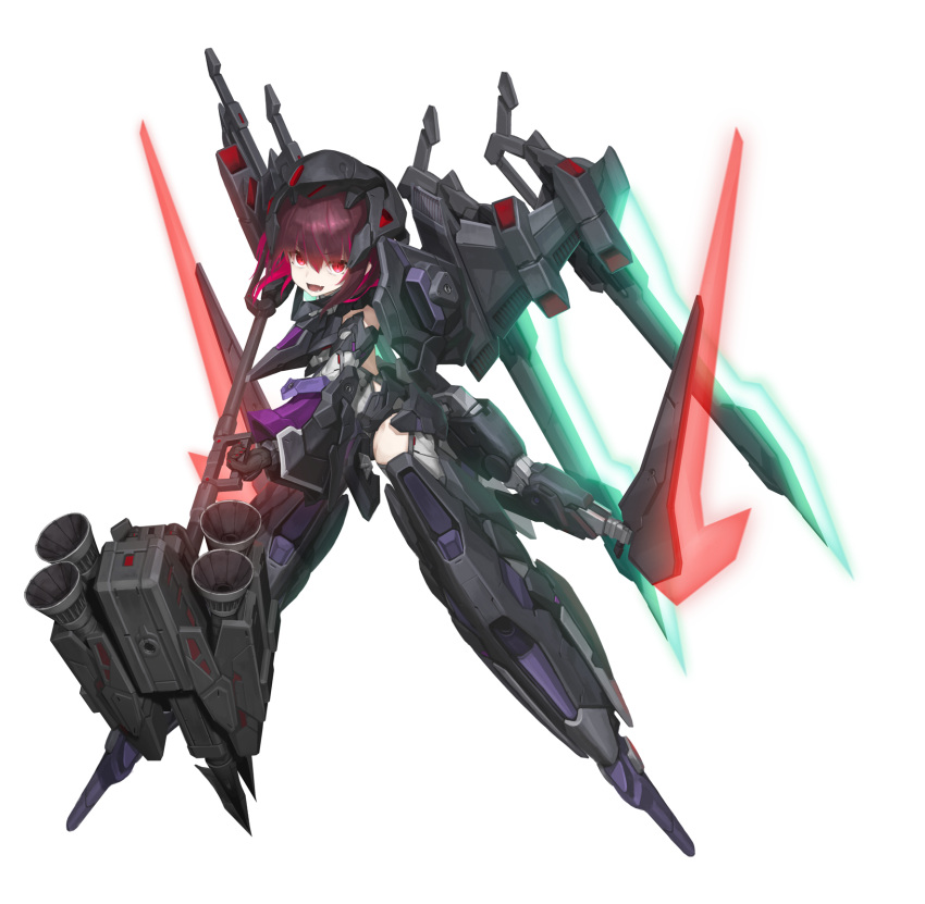 1girl :d armor brown_hair colored_inner_hair commentary_request eyebrows_visible_through_hair full_body hammer headgear highres holding holding_weapon looking_at_viewer mecha_musume multicolored_hair original personification red_eyes redhead smile solo thrusters tom-neko_(zamudo_akiyuki) two-tone_hair weapon white_background wings