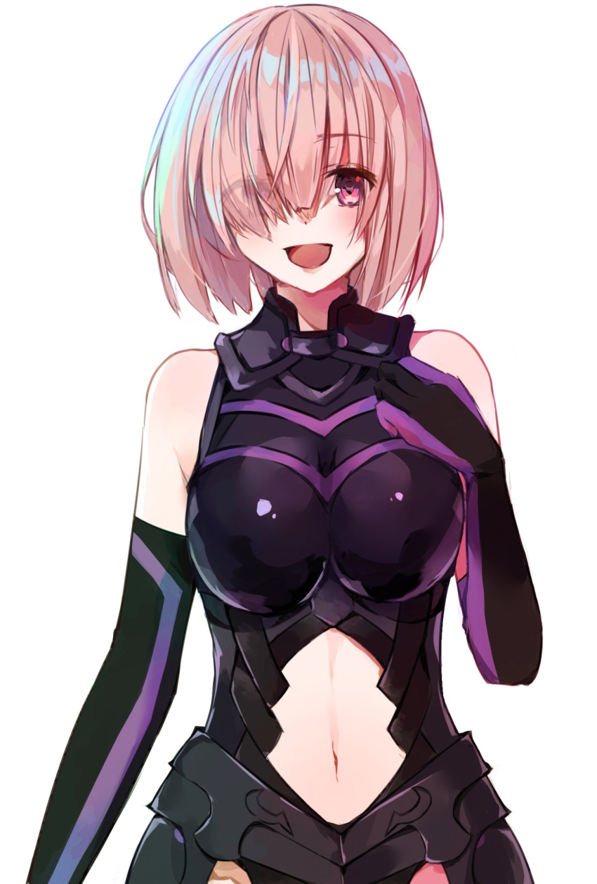 1girl aka_s43 armor bare_shoulders black_armor black_gloves breastplate closed_mouth clouds cloudy_sky commentary_request elbow_gloves eyebrows_visible_through_hair eyes_visible_through_hair fate/grand_order fate_(series) gloves grass hair_over_one_eye highres holding holding_shield holding_weapon light_purple_hair looking_at_viewer mash_kyrielight mountain out_of_frame outdoors pov purple_gloves shield shielder_(fate/grand_order) short_hair two-tone_gloves violet_eyes weapon