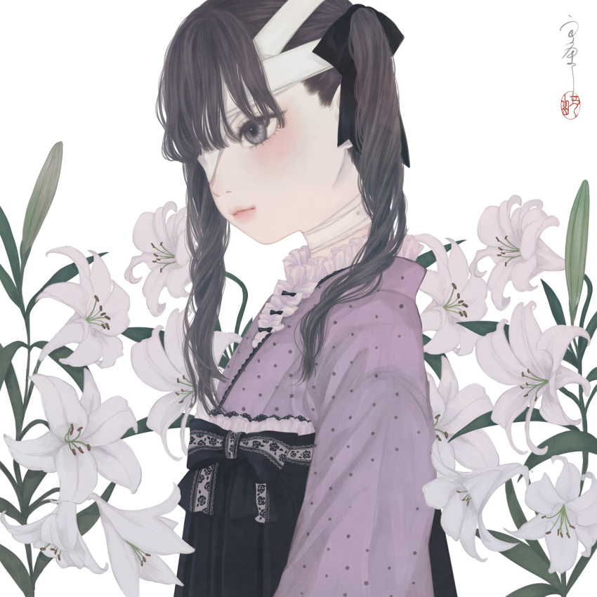 1girl bandage_over_one_eye bandaged_head bandaged_neck bandages bangs black_hakama black_ribbon brown_eyes brown_hair closed_mouth commentary floral_print flower flower_request frilled_kimono frills from_side hair_ribbon hakama hakama_skirt highres japanese_clothes kimono lace-trimmed_kimono lace_trim long_hair looking_away medibang_paint_(medium) one_eye_covered original polka_dot polka_dot_kimono purple_kimono revision ribbon rose_print seal_impression signature simple_background skirt solo standing twintails twintails_day upper_body ushiyama_ame white_background white_flower
