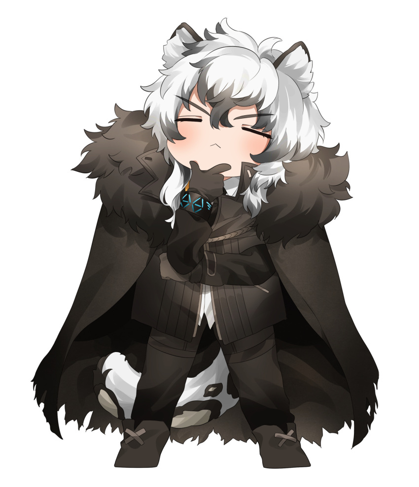 1boy :&lt; absurdres animal_ears arknights bangs black_cape black_footwear black_gloves black_hair black_jacket black_pants blush boots cape chibi closed_eyes closed_mouth eyebrows_visible_through_hair facing_viewer full_body fur-trimmed_cape fur_trim gloves hair_between_eyes hand_on_own_chin highres jacket leopard_boy leopard_ears leopard_tail long_sleeves male_focus multicolored_hair pants puffy_long_sleeves puffy_sleeves shirt silverash_(arknights) simple_background sleeves_past_wrists solo standing streaked_hair tail takumi_mizuki torn_cape torn_clothes v-shaped_eyebrows white_background white_hair white_shirt