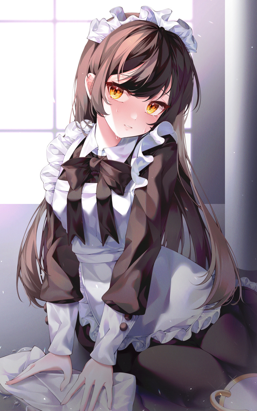 1girl absurdres accident apron bangs black_bow blush bow bowtie brown_hair commentary day eyebrows_visible_through_hair feet_out_of_frame frilled_apron frills hair_between_eyes highres hyunnim01 indoors long_hair looking_at_viewer maid maid_apron maid_headdress orange_eyes original parted_lips sitting solo sunlight sweat tears teeth wet window yokozuwari