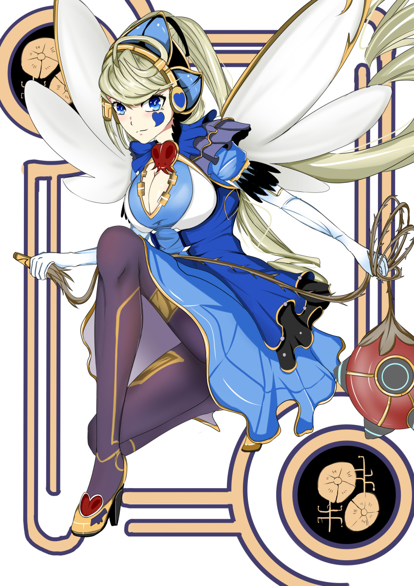 1girl blonde_hair blue_dress blue_eyes breasts cleavage cleavage_cutout dress duel_monster elbow_gloves facial_mark gloves hair_ornament heart highres long_hair looking_at_viewer puffy_short_sleeves puffy_sleeves saiki_(pixiv62903709) short_sleeves smile solo trickstar_holy_angel upper_body very_long_hair white_gloves wings yu-gi-oh! yu-gi-oh!_vrains yuu-gi-ou yuu-gi-ou_vrains