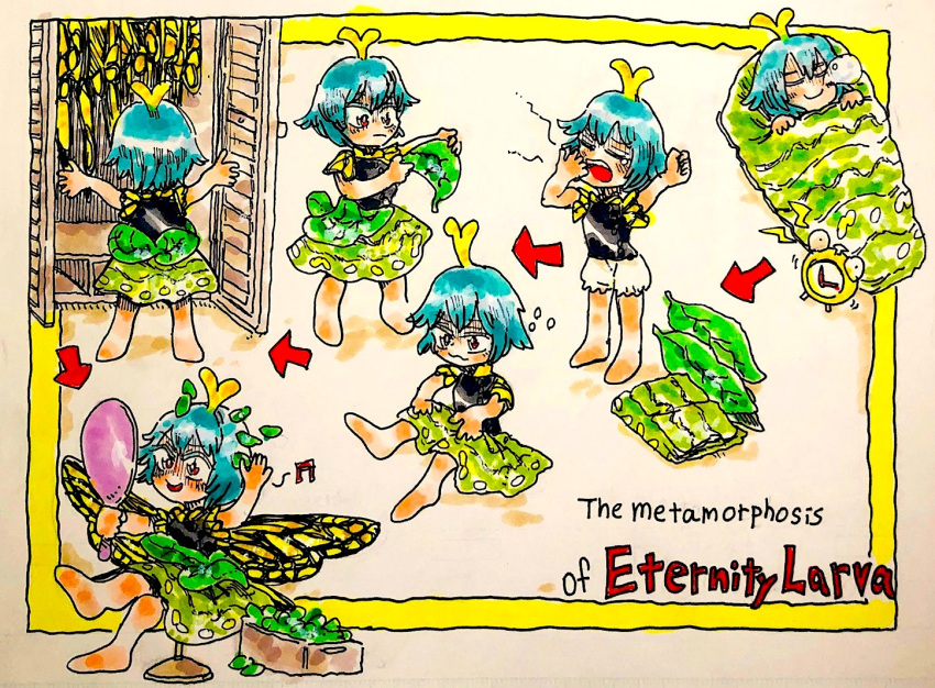 1girl alarm_clock antennae aqua_hair arrow_(symbol) barefoot beamed_eighth_notes bloomers brown_eyes butterfly_wings character_name clock closed_eyes closed_mouth english_text eternity_larva eyebrows_visible_through_hair fairy fake_wings green_skirt hair_between_eyes holding holding_mirror leaf leaf_on_head mirror morinokirin multiple_views musical_note nose_bubble open_mouth short_hair short_sleeves skirt sleeping smile touhou underwear white_bloomers wings yawning