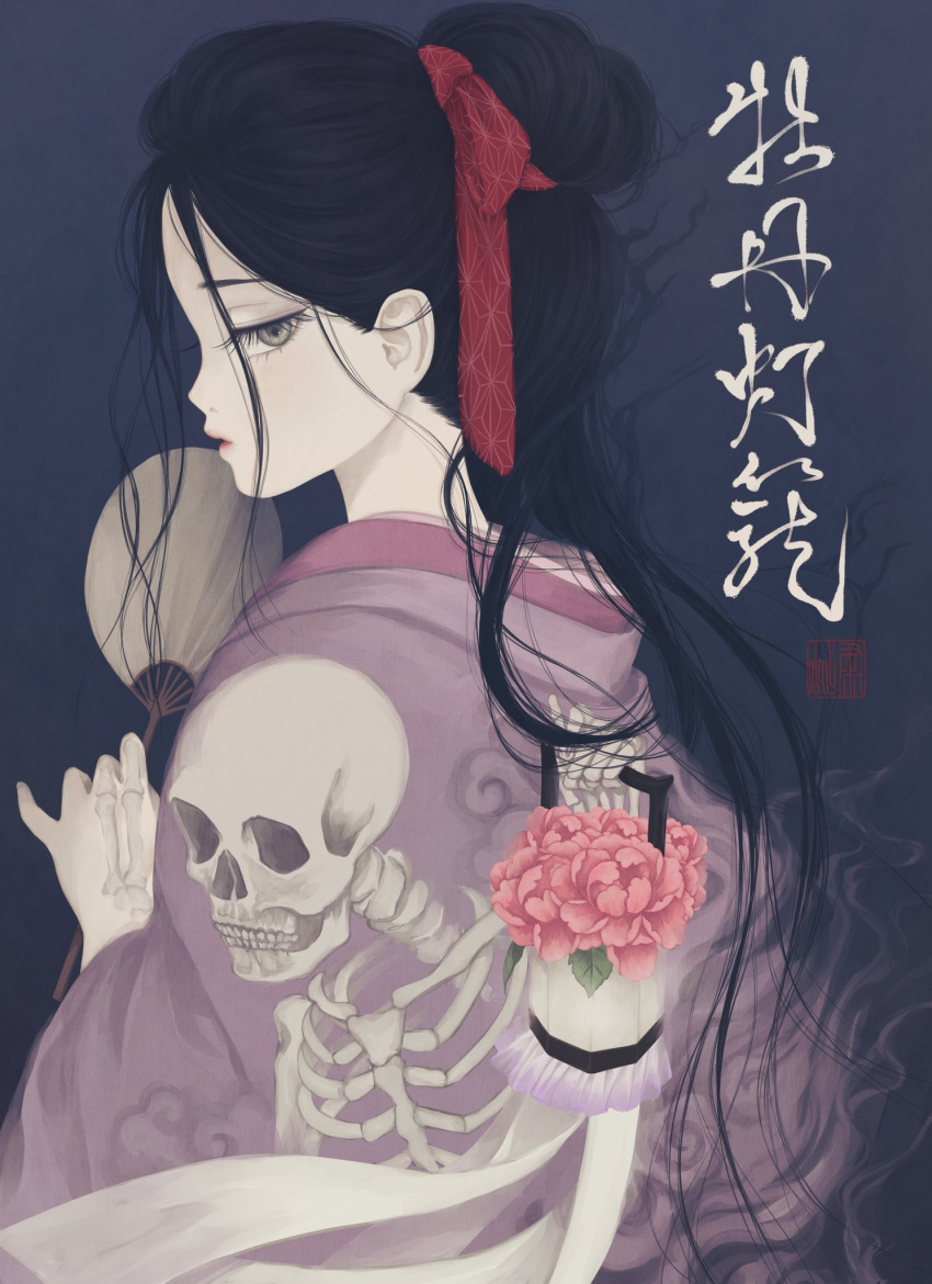 1girl black_hair blue_background brown_eyes dissolving flower from_behind from_side hair_ribbon hand_fan hand_up highres holding holding_fan japanese_clothes kimono lantern long_hair looking_at_viewer looking_back looking_to_the_side original paper_fan parted_lips peony_(flower) pink_flower pink_kimono profile purple_kimono red_ribbon ribbon seal_impression sideways_glance skeleton skeleton_print skull solo tied_hair translucent_skin uchiwa upper_body ushiyama_ame