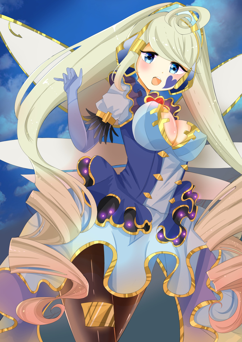 1girl blonde_hair blue_dress blue_eyes breasts cleavage cleavage_cutout dress duel_monster elbow_gloves facial_mark gloves hair_ornament heart highres long_hair looking_at_viewer masyuneko puffy_short_sleeves puffy_sleeves short_sleeves smile solo trickstar_holy_angel upper_body very_long_hair white_gloves wings yu-gi-oh! yu-gi-oh!_vrains yuu-gi-ou yuu-gi-ou_vrains