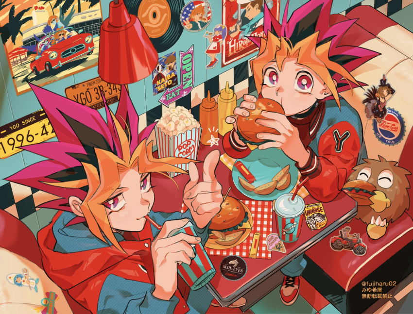 2boys burger commentary counter diner drinking_straw english_commentary food french_fries fujiharu_(akamine) highres looking_at_viewer looking_up male_focus menu multiple_boys mutou_yuugi napkin napkin_holder restaurant salt_shaker table yami_yuugi yu-gi-oh! yu-gi-oh!_duel_monsters