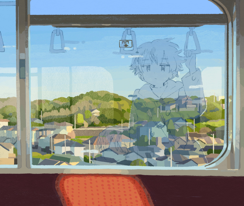 1boy bag blue_sky building closed_mouth coat commentary_request expressionless forest hand_grip hand_up highres hill long_sleeves male_focus muji_(uimss) nature original reflection scenery short_hair shoulder_bag sky train_interior utility_pole window