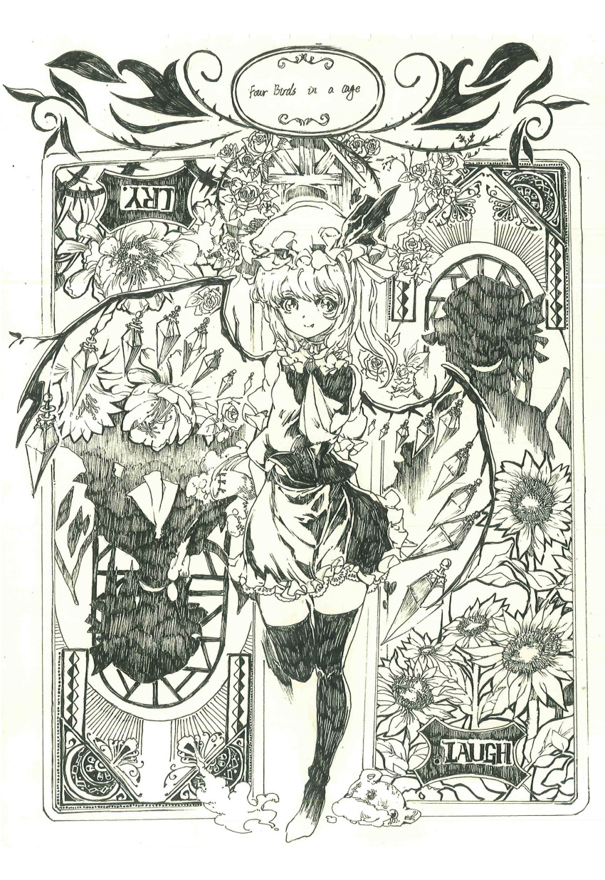 absurdres ascot crying crystal dual_persona fang flandre_scarlet flower flower_request four_of_a_kind_(touhou) frilled_skirt frills full_body hat highres lan_chuan_huo_dao medium_hair miniskirt mob_cap monochrome pen_(medium) puffy_short_sleeves puffy_sleeves ribbon rose short_sleeves side_ponytail silhouette skirt smile standing standing_on_one_leg sunflower tarot thigh-highs touhou vest wings