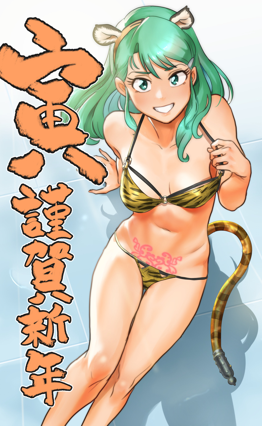 1girl absurdres animal_ears animal_print aqua_hair arm_support bangs bikini breasts chinese_zodiac colored_inner_hair fake_animal_ears fake_tail genji_tsuushin_agedama green_eyes green_hair grin hair_ornament hairclip highres kaze_fukeba_nanashi kuki_rei leaning_back long_hair looking_at_viewer medium_breasts micro_bikini multi-strapped_bikini multicolored_hair navel nengajou new_year o-ring o-ring_bikini o-ring_top on_floor parted_lips pubic_tattoo sitting smile solo stomach strap_pull string_bikini swept_bangs swimsuit tail tattoo tiger_ears tiger_print tiger_tail year_of_the_tiger