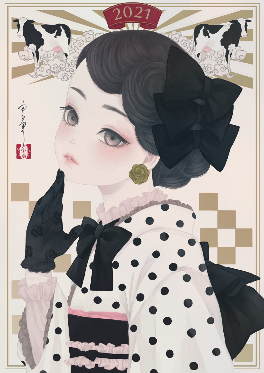 1girl 2021 black_bow black_bowtie black_gloves black_hair black_sash border bow bowtie braid brown_eyes chinese_zodiac cow earrings eyelashes floral_print flower_earrings frilled_shirt frilled_shirt_collar frilled_sleeves frills from_side gloves hair_bow highres japanese_clothes jewelry kimono lace lace_gloves long_sleeves looking_at_viewer looking_to_the_side obi obiage obijime original outside_border parted_lips polka_dot polka_dot_kimono sash seal_impression shirt short_hair signature solo upper_body ushiyama_ame white_background white_kimono whorled_clouds year_of_the_ox