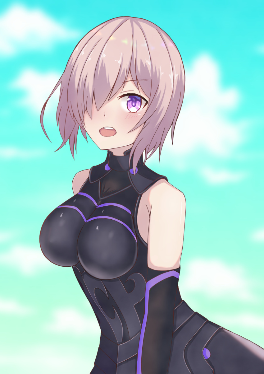 1girl armor bare_shoulders black_armor black_gloves breastplate closed_mouth clouds cloudy_sky commentary_request elbow_gloves eyebrows_visible_through_hair eyes_visible_through_hair fate/grand_order fate_(series) gloves grass hair_over_one_eye highres holding holding_shield holding_weapon light_purple_hair looking_at_viewer mash_kyrielight mountain out_of_frame outdoors pov purple_eyes purple_gloves shield shielder_(fate/grand_order) short_hair two-tone_gloves weapon yuxufu7