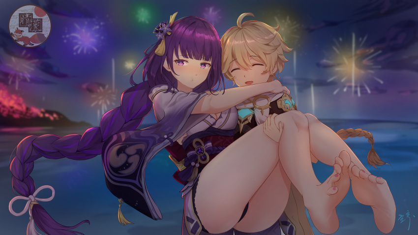 1boy 1girl :t ^_^ ^o^ absurdres aether_(genshin_impact) ahoge barefoot beach blonde_hair blush braid braided_ponytail carrying closed_eyes feet fireworks genshin_impact hair_ornament half-closed_eyes highres japanese_clothes kimono kong_ting legs night night_sky ocean open_mouth pout princess_carry purple_hair raiden_shogun scarf scenery sky thighs toes violet_eyes wide_sleeves