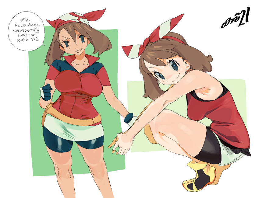 1girl absurdres artist_name black_eyes black_shorts breasts brown_hair english_text feet_out_of_frame gloves highres looking_at_viewer may_(pokemon) medium_breasts medium_hair multiple_views pokemon pokemon_(game) pokemon_rse red_shirt shirt shoes short_sleeves shorts sleeveless sleeveless_shirt speech_bubble squatting standing whoopsatro yellow_footwear
