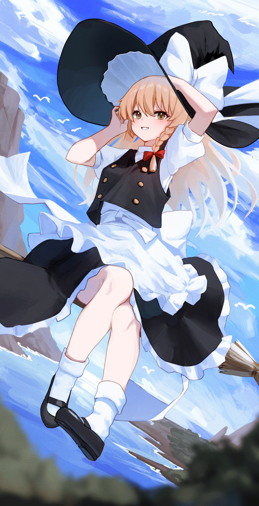 1girl absurdres apron black_bow black_footwear black_headwear black_skirt black_vest blonde_hair blush bow braid broom broom_riding buttons day frilled_apron frilled_skirt frills gnns grin hair_bow hand_on_headwear hat hat_bow highres holding holding_clothes holding_hat kirisame_marisa long_hair mary_janes outdoors red_bow shirt shoes short_sleeves side_braid single_braid sitting skirt smile socks touhou turtleneck vest waist_apron white_apron white_bow white_legwear white_shirt witch_hat yellow_eyes