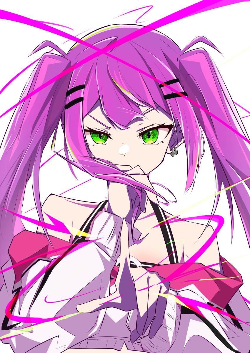 1girl absurdres black_camisole camisole collarbone commentary_request cropped_jacket earrings floating_hair green_eyes hair_ornament hairclip hand_on_own_chin highres hololive jacket jewelry long_hair off_shoulder portrait purple_hair solo spice_mega tokoyami_towa twintails v-shaped_eyebrows virtual_youtuber white_background white_jacket