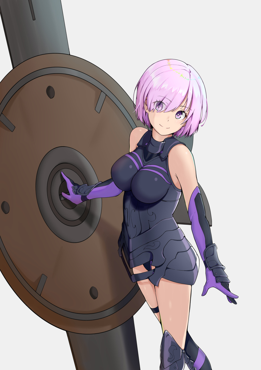 1girl armor bare_shoulders black_armor black_gloves breastplate closed_mouth clouds cloudy_sky commentary_request elbow_gloves eyebrows_visible_through_hair eyes_visible_through_hair fate/grand_order fate_(series) gloves grass hair_over_one_eye heartpark highres holding holding_shield holding_weapon light_purple_hair looking_at_viewer mash_kyrielight mountain out_of_frame outdoors pov purple_eyes purple_gloves shield shielder_(fate/grand_order) short_hair two-tone_gloves weapon