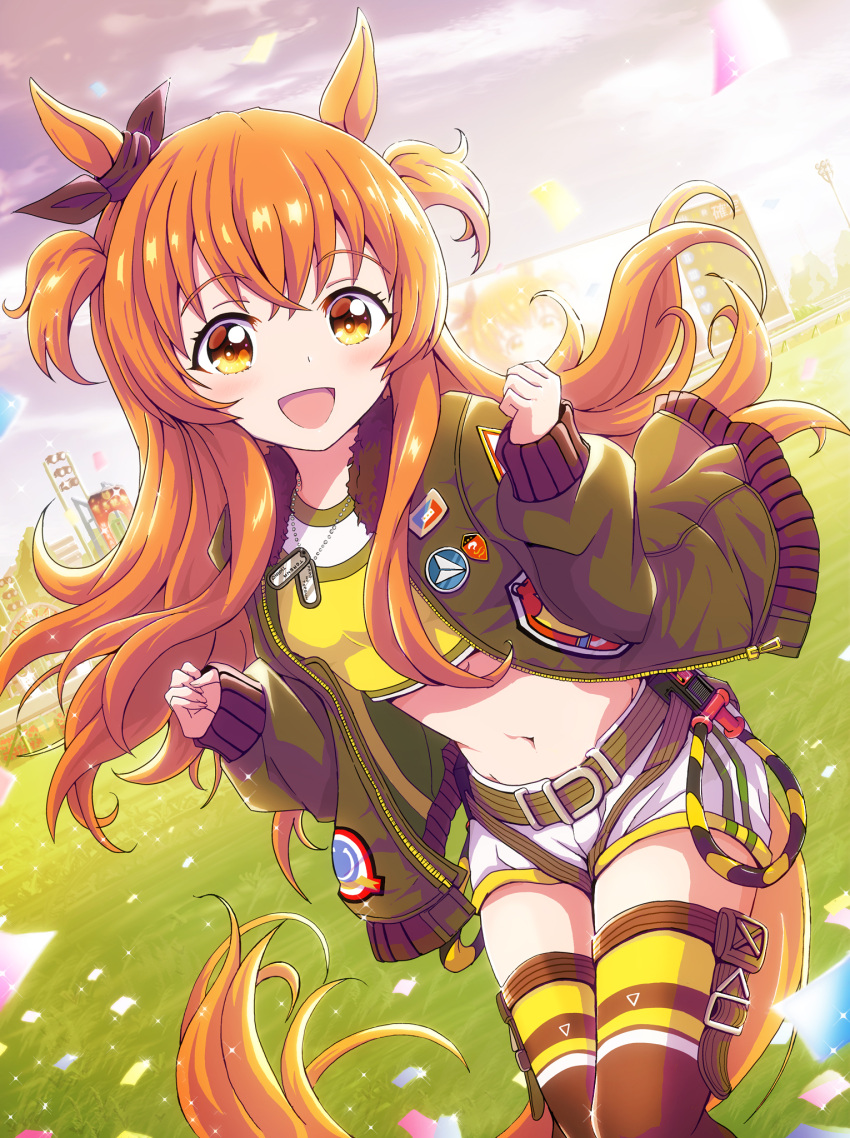 1girl animal_ears blush bomber_jacket breasts commentary_request crop_top dog_tags futa-futa hair_ornament highres horse_ears horse_tail jacket long_hair looking_at_viewer mayano_top_gun_(umamusume) open_mouth orange_eyes orange_hair racetrack shorts sky small_breasts solo tail thigh-highs umamusume