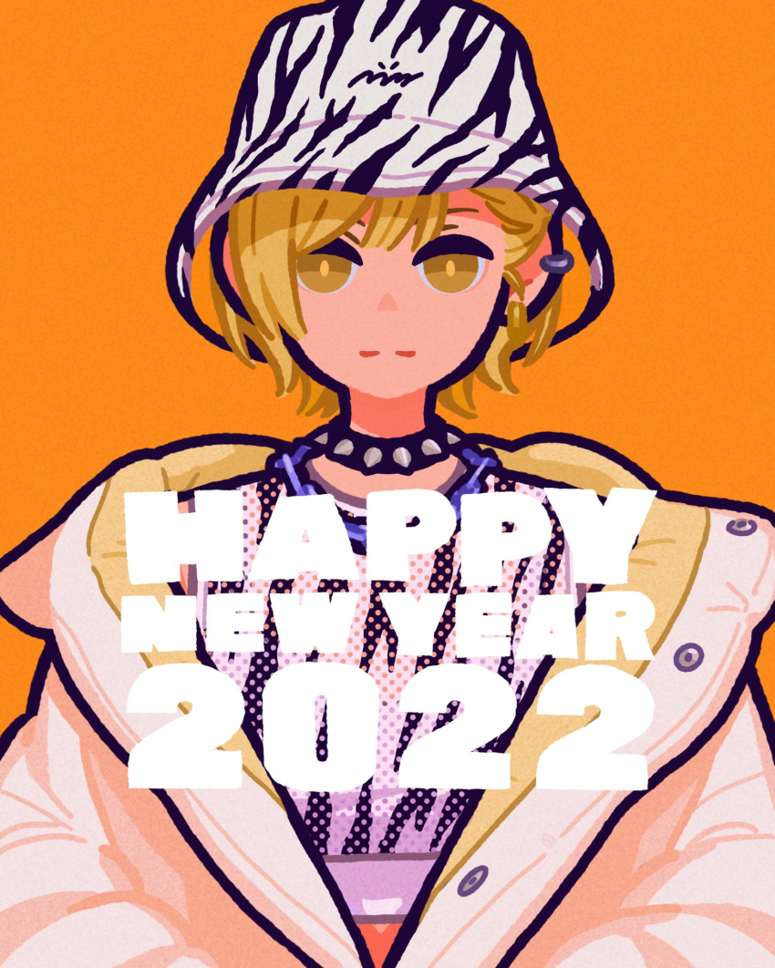 1girl 2022 animal_print blonde_hair brown_eyes collar earrings halftone happy_new_year highres jewelry looking_at_viewer new_year orange_background original print_headwear short_hair simple_background solo spiked_collar spikes tiger_print yoshi_mi_yoshi
