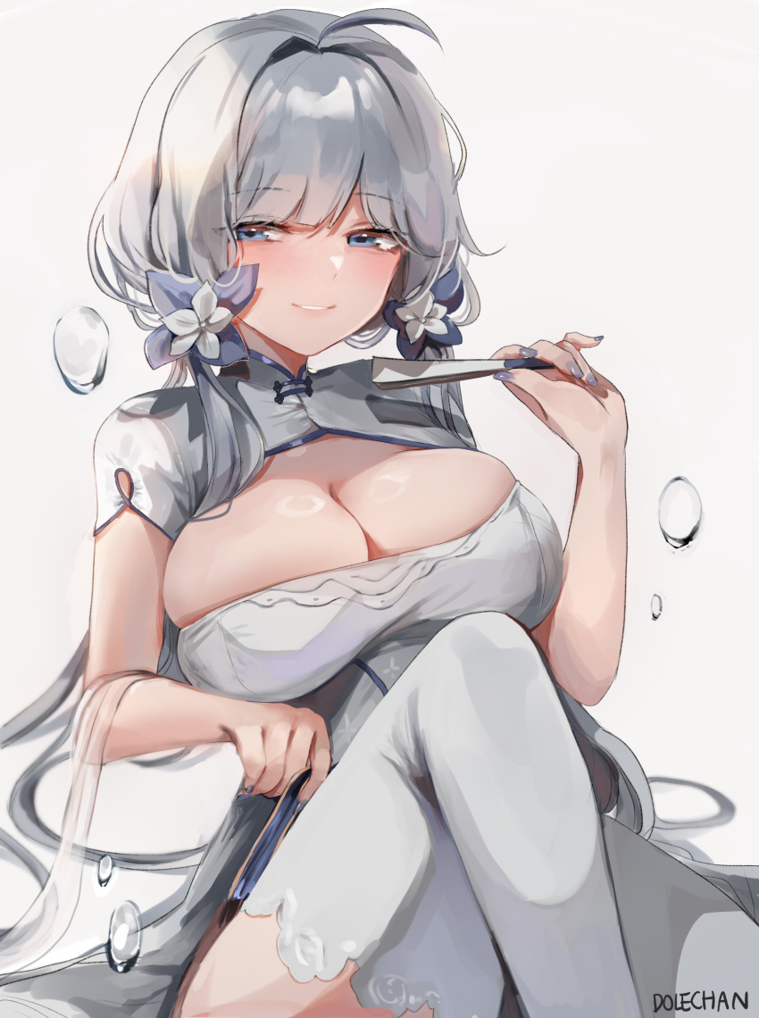 1girl absurdres ahoge artist_name azur_lane bangs blue_eyes breasts china_dress chinese_clothes cleavage_cutout clothing_cutout commentary crossed_legs dolechan dress eyebrows_visible_through_hair feet_out_of_frame flower grey_background grey_hair grey_legwear grey_nails grin hair_flower hair_intakes hair_ornament highres holding illustrious_(azur_lane) illustrious_(maiden_lily's_radiance)_(azur_lane) large_breasts light_blush long_hair looking_at_viewer official_alternate_costume seductive_smile short_sleeves sidelocks simple_background sitting smile solo swept_bangs teeth thigh-highs water_drop