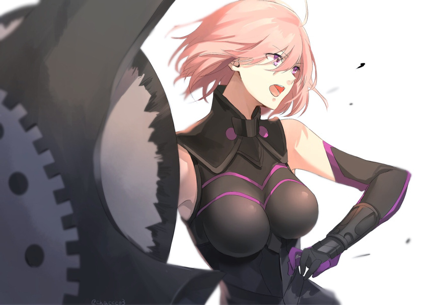 1girl armor bare_shoulders black_armor black_gloves breastplate chaccco3 closed_mouth clouds cloudy_sky commentary_request elbow_gloves eyebrows_visible_through_hair eyes_visible_through_hair fate/grand_order fate_(series) gloves grass hair_over_one_eye highres holding holding_shield holding_weapon light_purple_hair looking_at_viewer mash_kyrielight mountain out_of_frame outdoors pov purple_eyes purple_gloves shield shielder_(fate/grand_order) short_hair two-tone_gloves weapon