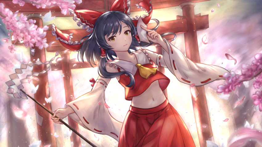 1girl ascot bare_shoulders black_hair bow brown_eyes cherry_blossoms closed_mouth collared_vest detached_sleeves fangxingdeyinxue frilled_bow frills gohei hair_bow hair_tubes hakurei_reimu highres long_sleeves medium_hair midriff navel nontraditional_miko ofuda petals red_bow red_skirt red_vest ribbon-trimmed_sleeves ribbon_trim sidelocks skirt smile stomach torii touhou vest wide_sleeves yellow_ascot