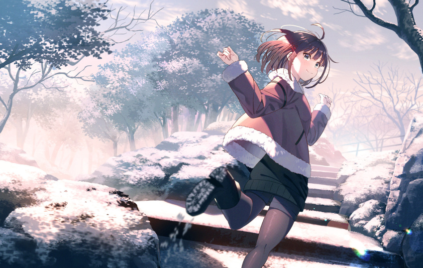 1girl ahoge bangs bare_tree black_footwear blunt_bangs blurry blurry_foreground blush boots brown_hair closed_mouth eyebrows_visible_through_hair foot_out_of_frame fur-trimmed_jacket fur-trimmed_sleeves fur_trim grey_eyes hair_ornament hairclip hands_up highres jacket koh_rd long_sleeves looking_at_viewer looking_back medium_hair original outdoors pantyhose railing rock shorts smile snow solo stairs sweater tree wide_shot winter winter_clothes