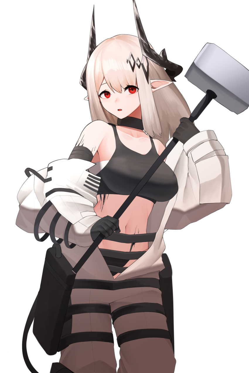 1girl absurdres arknights bangs bare_shoulders black_choker black_gloves bobby36446329 breasts choker commentary_request cowboy_shot crop_top gloves hammer highres holding holding_hammer holding_weapon horns korean_commentary large_breasts long_hair long_sleeves looking_at_viewer midriff mudrock_(arknights) navel off_shoulder oripathy_lesion_(arknights) parted_lips pointy_ears red_eyes sarashi silver_hair simple_background solo sports_bra standing stomach weapon white_background
