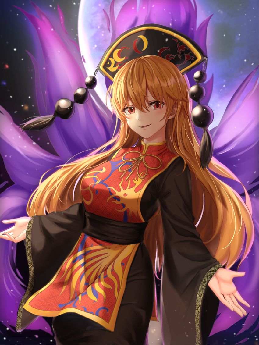 1girl animal_print bangs belt bird_print black_belt black_dress black_headwear black_sky blush bow bowtie breasts chinese_clothes crescent dress energy eyebrows_visible_through_hair hair_between_eyes hands_up hat highres junko_(touhou) light long_hair long_sleeves looking_at_viewer medium_breasts moon night night_sky open_mouth orange_hair phoenix_crown phoenix_print pom_pom_(clothes) red_eyes red_vest shadow sky smile solo standing star_(sky) starry_sky tabard touhou vest wide_sleeves yellow_bow yellow_bowtie