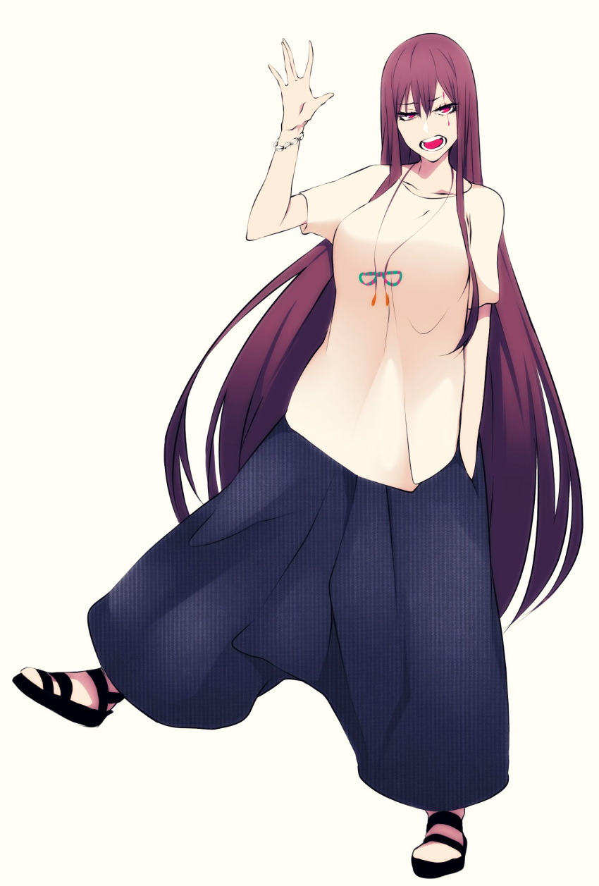 1girl baggy_pants beige_shirt breasts cowboy_shot facial_mark full_body hand_in_pocket hand_up highres hz_(murder_license_) large_breasts long_hair open_mouth original pants pink_eyes purple_hair sandals spread_legs standing standing_on_one_leg tongue white_background