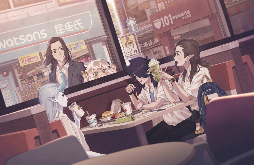 234_(1234!) 5boys absurdres animal_ears aqua_hair black_hair black_jacket blush brown_hair building burger cat_boy cat_ears dutch_angle eraser fengxi_(the_legend_of_luoxiaohei) food french_fries highres jacket luoxiaohei luozhu_(the_legend_of_luoxiaohei) multiple_boys open_mouth profile restaurant shirt short_sleeves table the_legend_of_luo_xiaohei white_hair white_shirt window wuxian_(the_legend_of_luoxiaohei) xuhuai_(the_legend_of_luoxiaohei)