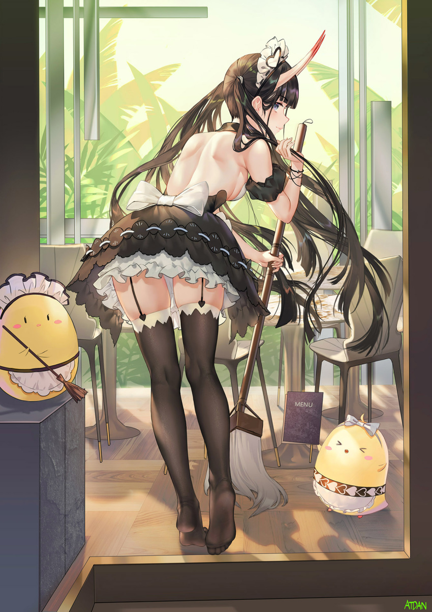 &gt;_&lt; 1girl apron atdan azur_lane back backless_dress backless_outfit bangs black_dress black_hair black_legwear blunt_bangs blush_stickers bow bracelet breasts chair closed_eyes day detached_collar detached_sleeves dress eyebrows_visible_through_hair frilled_dress frills garter_straps heart highres holding holding_mop horns indoors jewelry large_breasts long_hair maid_headdress manjuu_(azur_lane) menu mop no_shoes noshiro_(azur_lane) oni_horns puffy_short_sleeves puffy_sleeves restaurant short_sleeves sideboob skin-covered_horns small_breasts soles solo_focus table thigh-highs very_long_hair waist_apron white_apron white_bow