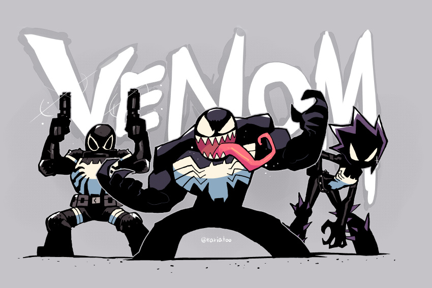 1girl 2boys absurdres agent_venom bent_over black_bodysuit black_hair bodysuit character_name claws dual_wielding glint grin gun hands_up highres holding holding_gun holding_weapon long_tongue looking_at_viewer mania_(marvel) marvel multiple_boys rariatto_(ganguri) smile spider-man_(series) spiked_belt spiky_hair tongue tongue_out twitter_username venom_(marvel) very_long_tongue weapon