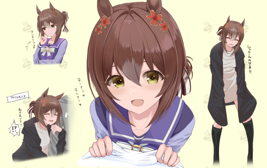 alternate_costume animal_ears blush boots brown_hair casual closed_eyes collarbone commentary_request fine_motion_(umamusume) food green_background hair_ornament highres horse_ears horse_girl hug noodles open_mouth ramen ryouta_(ryouta335) school_uniform simple_background smile tracen_school_uniform umamusume