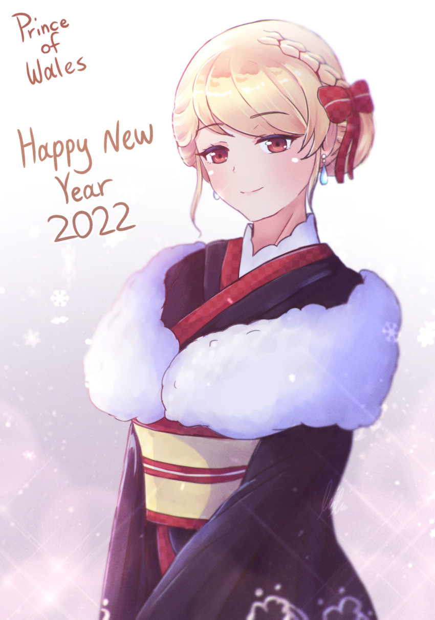 1girl 2022 absurdres alternate_costume alternate_hairstyle azur_lane black_kimono blonde_hair bow character_name earrings eyebrows_visible_through_hair fur-trimmed_kimono fur_trim hair_bow happy_new_year highres japanese_clothes jewelry kimono looking_at_viewer new_year prince_of_wales_(azur_lane) pumpkinpaii red_bow red_eyes sash solo standing upper_body yellow_sash