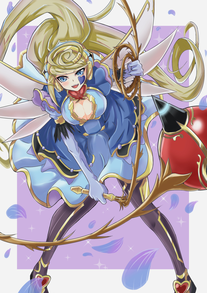 1girl bakuma blonde_hair blue_dress blue_eyes breasts cleavage cleavage_cutout dress duel_monster elbow_gloves facial_mark gloves hair_ornament heart highres long_hair looking_at_viewer puffy_short_sleeves puffy_sleeves short_sleeves smile solo trickstar_holy_angel upper_body very_long_hair white_gloves wings yu-gi-oh! yu-gi-oh!_vrains yuu-gi-ou yuu-gi-ou_vrains