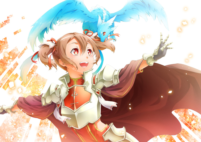 1girl :d adapted_costume armor armored_dress bangs breastplate brown_cape brown_hair cape dress faulds floating_hair gauntlets hair_between_eyes hair_ribbon highres oboro_neko orange_ribbon outstretched_arms pina_(sao) red_dress red_eyes ribbon shiny shiny_hair short_hair shoulder_armor silica smile sword_art_online twintails