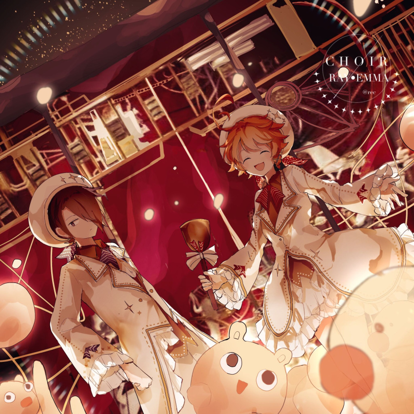 1boy 1girl ahoge akirarec artist_name backlighting bell beret black_eyes black_hair closed_eyes closed_mouth coat commentary_request creature_request dress emma_(yakusoku_no_neverland) english_text feet_out_of_frame frilled_dress frills hair_over_one_eye hat highres holding holding_bell long_sleeves looking_at_viewer open_mouth orange_hair outstretched_arms ray_(yakusoku_no_neverland) red_dress red_theme serious smile spread_arms white_coat white_headwear yakusoku_no_neverland