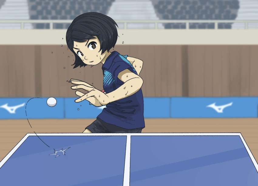 1girl ball black_hair blurry_background brown_eyes chair dripping indoors logo short_shorts solo solo_focus sport sportswear stadium sweat table_tennis table_tennis_paddle very_short_hair wet